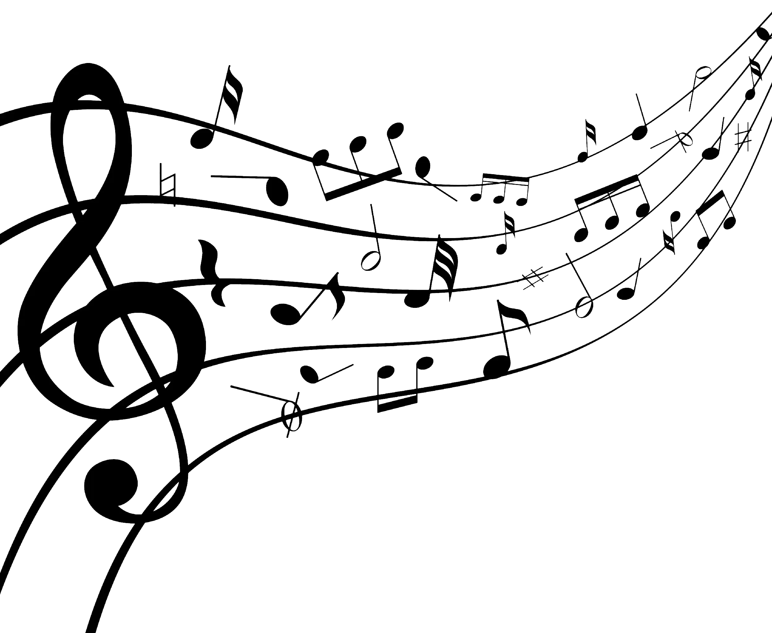 Decorative black music notes and staff lines on a transparent background.