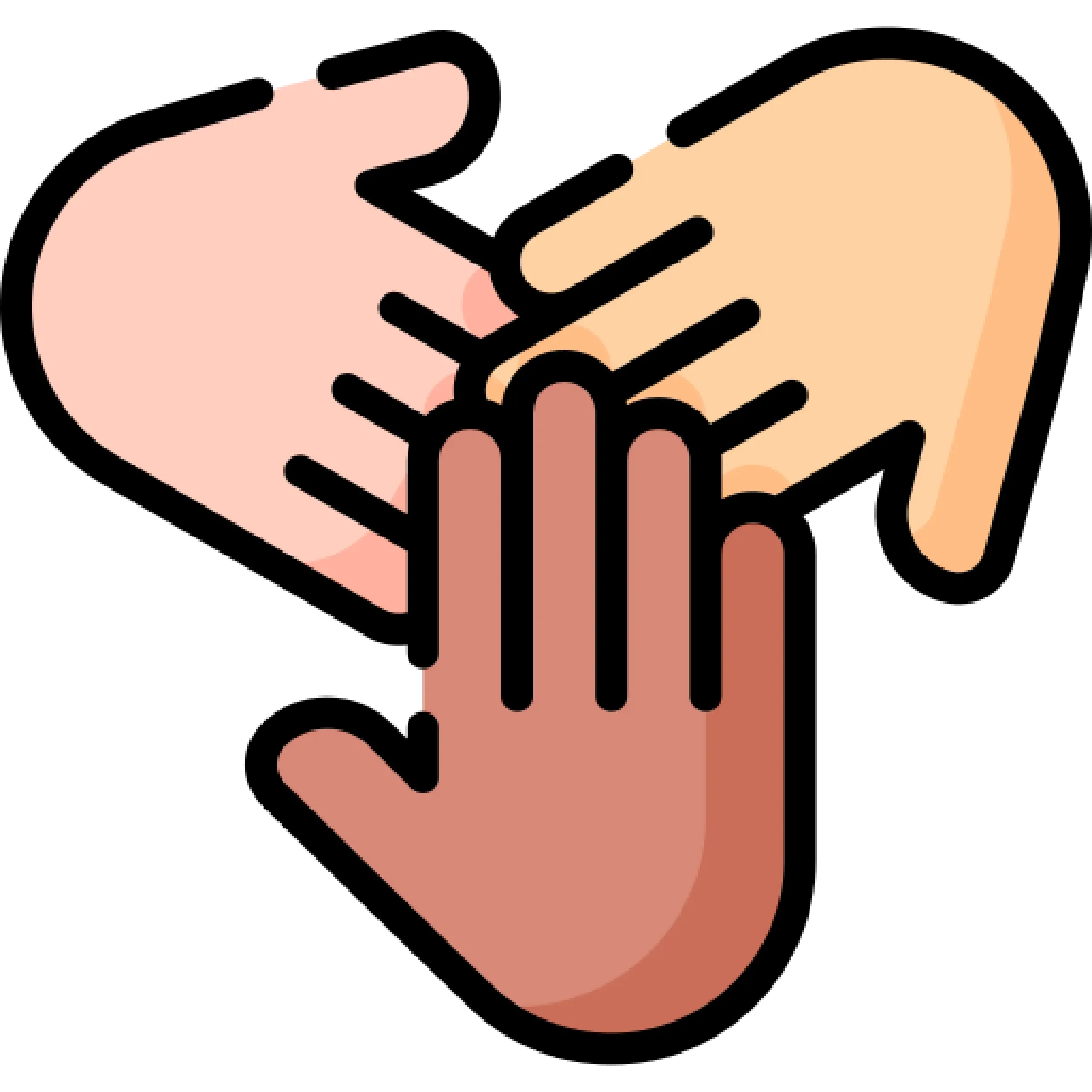 Illustration of three hands reaching toward each other with fingers slightly touching.
