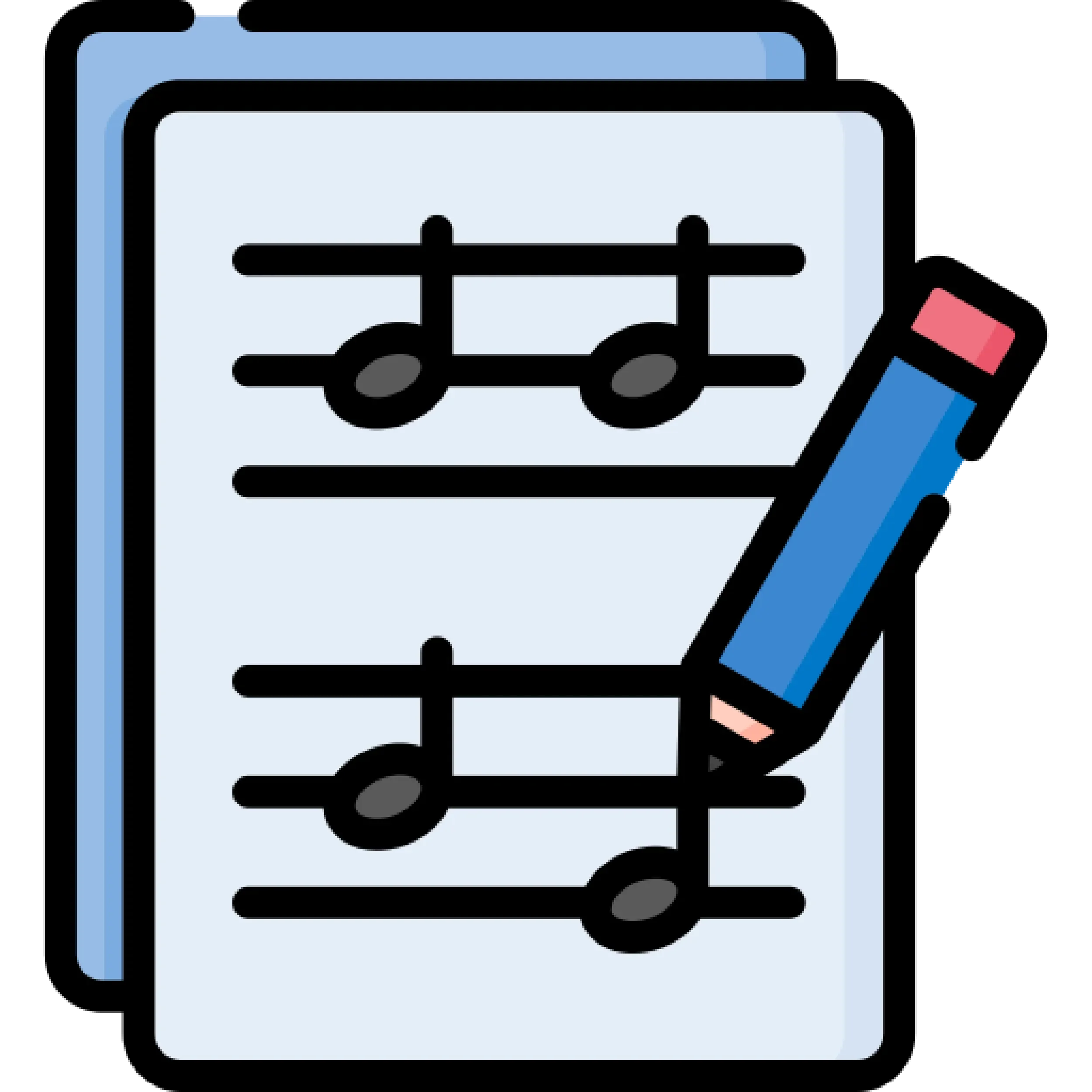 Illustration of a document with music notes and a pencil.