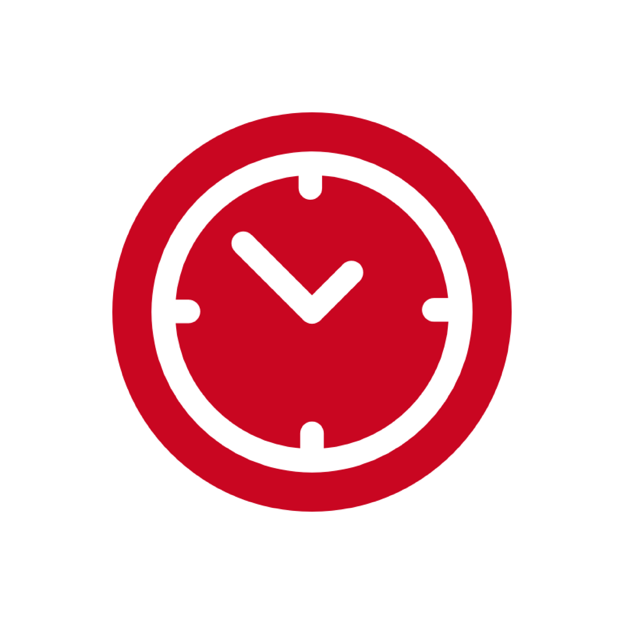 A red clock icon on a white background.