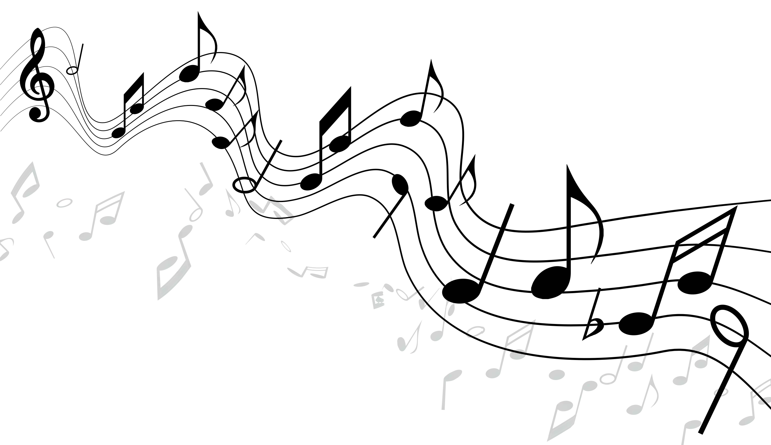 Black background with scattered white musical notes.