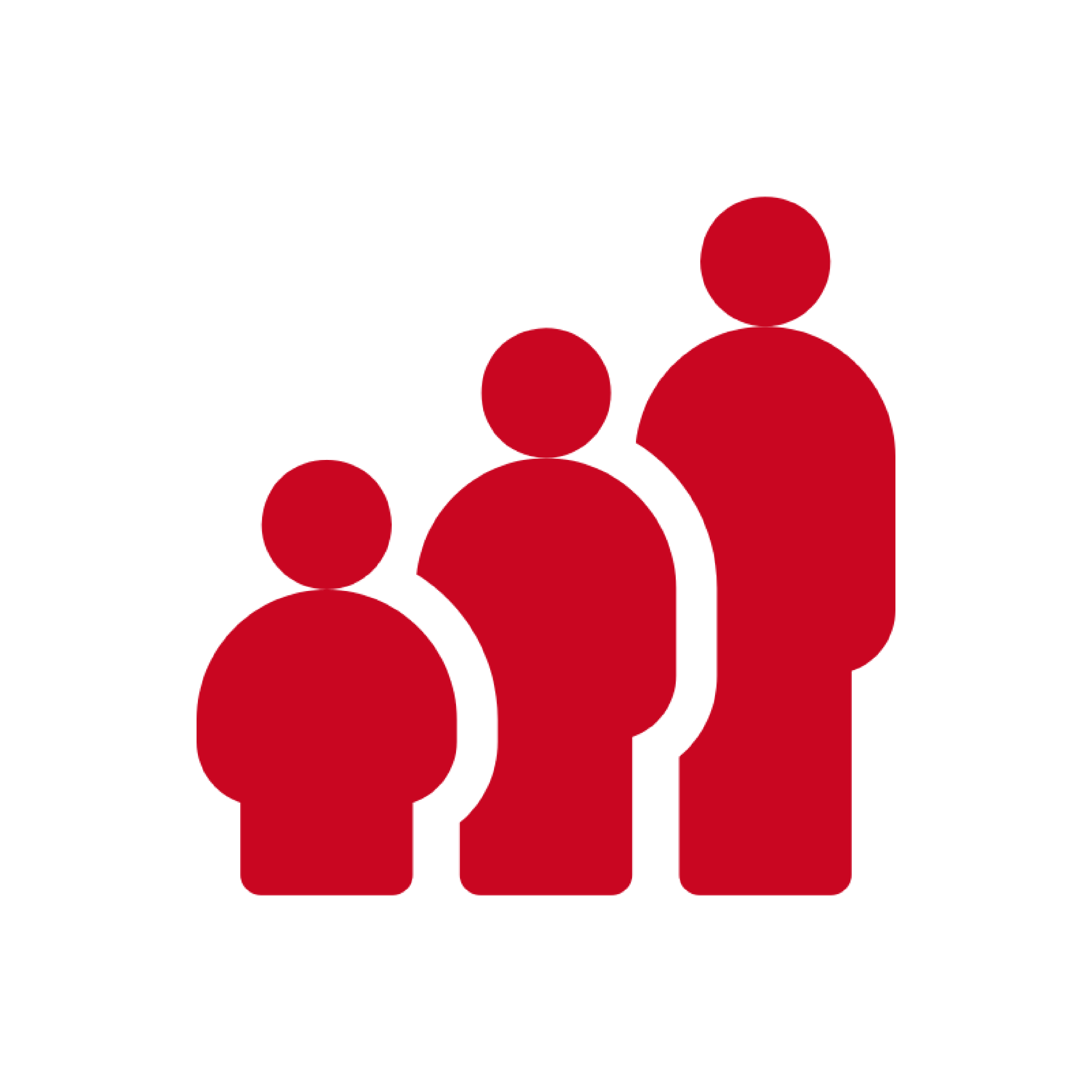 A red icon showing three people on a white background.