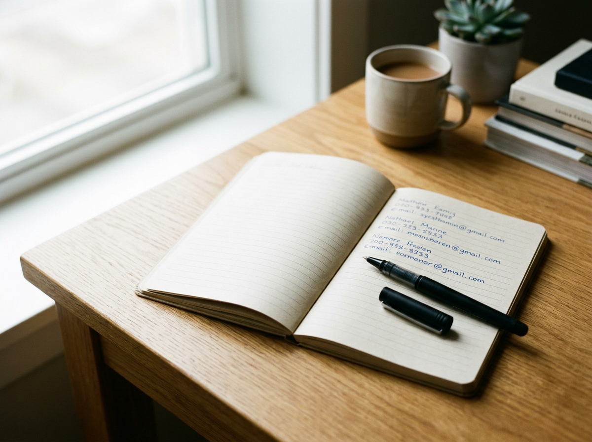 An open notebook with handwritten contact information on a wooden desk near a window, with a black pen, a cup of coffee, a potted succulent, and a stack of books.