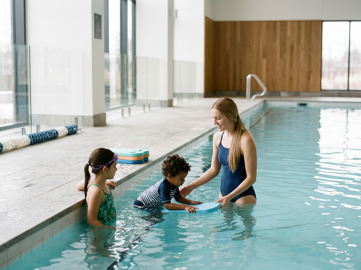 A woman teaches two children how to swim in an indoor swimming pool, with one child practicing with a floatation device while the woman provides support.
