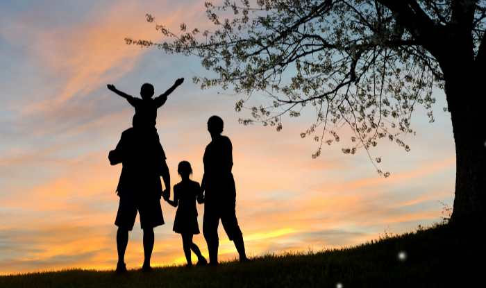 Silhouette of a family with two children and one adult, standing on grass under a tree at sunset.