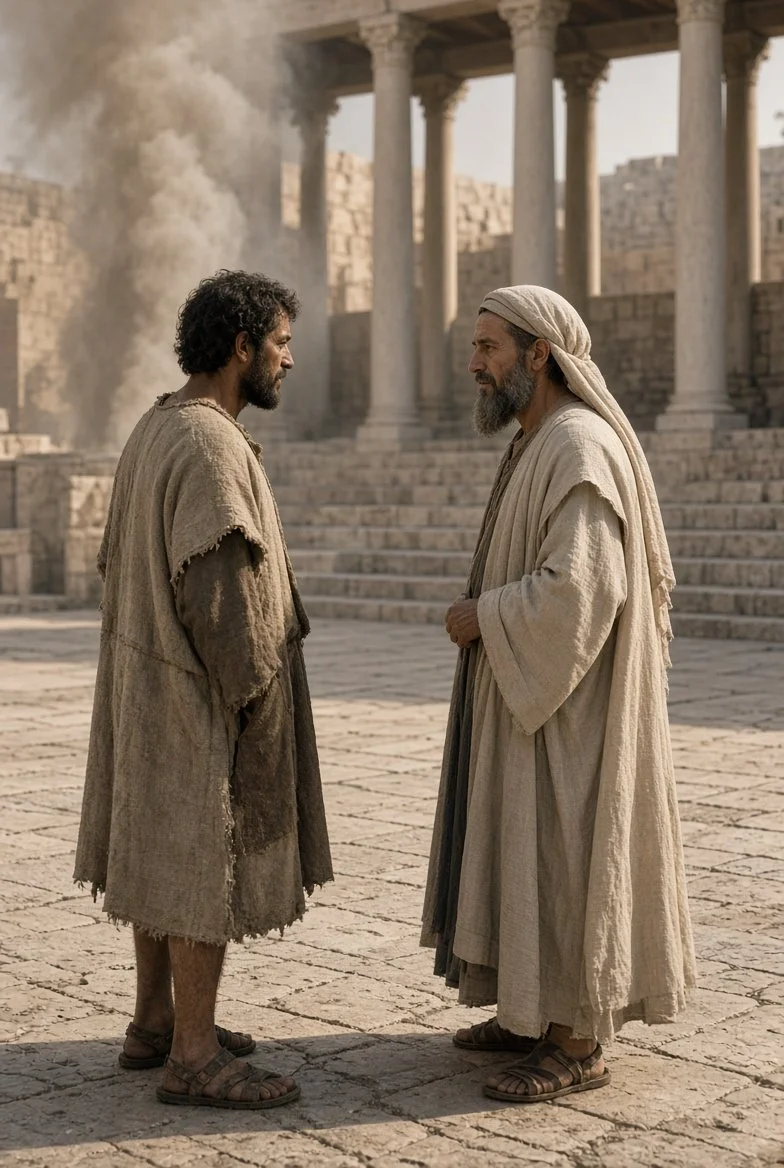 Scene is the Temple court, not the lake — same first-century light and cloth you use for Galilee. Excerpt first, then the picture.
