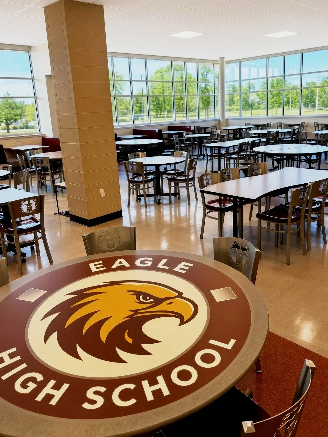 School cafeteria with a round table featuring the Eagle High School logo in the foreground, surrounded by chairs, and more tables in the background near large windows showing trees outside.  Professionally installed and staged cafeteria furniture