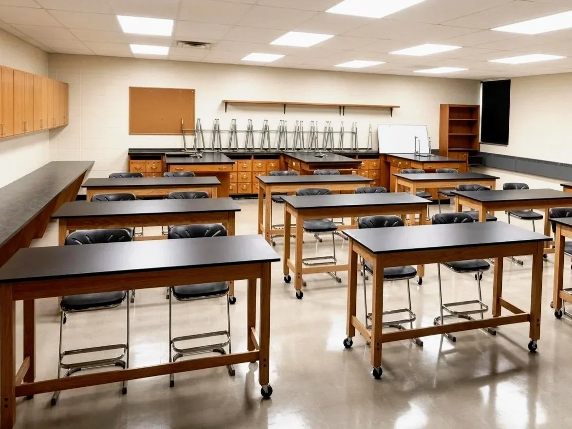 Science classroom with black science tables, black chairs, wooden cabinets, an empty corkboard, and a whiteboard at the back.  Professionally installed and staged school furniture.