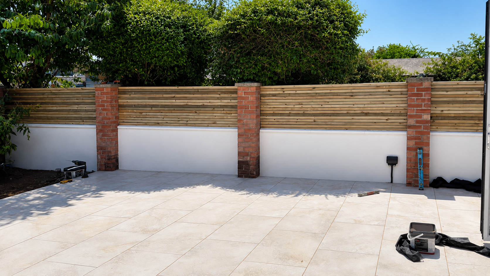Backyard area with a newly installed wood panel fence supported by brick columns, a tiled patio, and some tools and materials scattered around, including a level, a spirit level, and black bags. There are trees and a blue sky in the background.