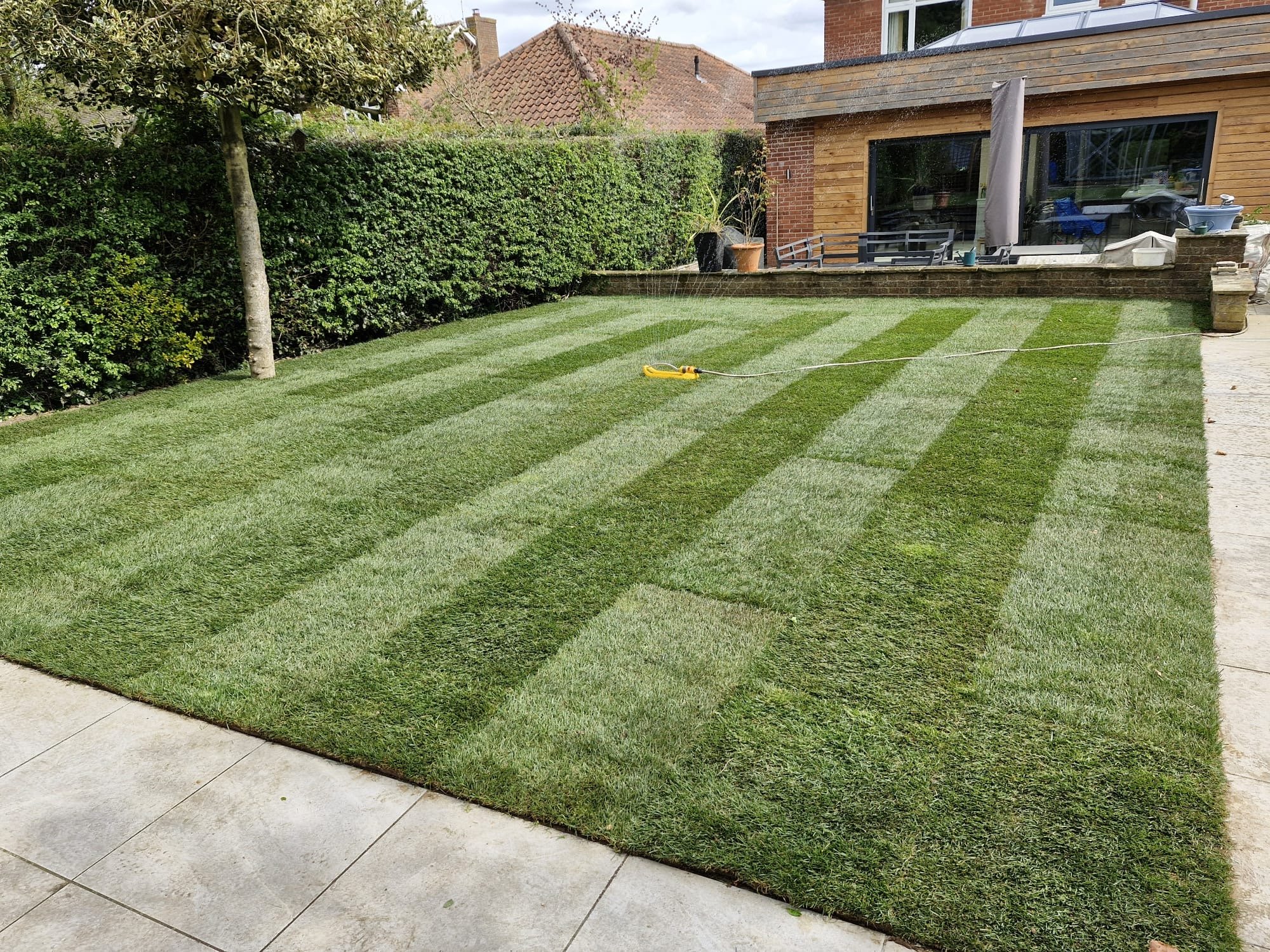 A backyard with freshly mowed grass with striped pattern, a brick wall, a tree, potted plants, outdoor furniture, and a house with a wooden exterior.