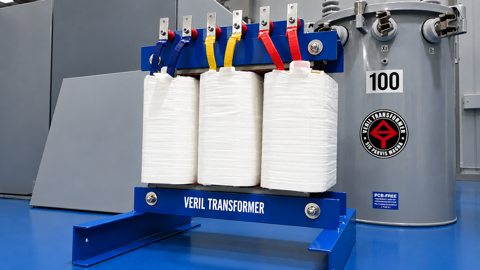 Close-up of VERIL Transformer dry type transformer with three white coils and electrical connections