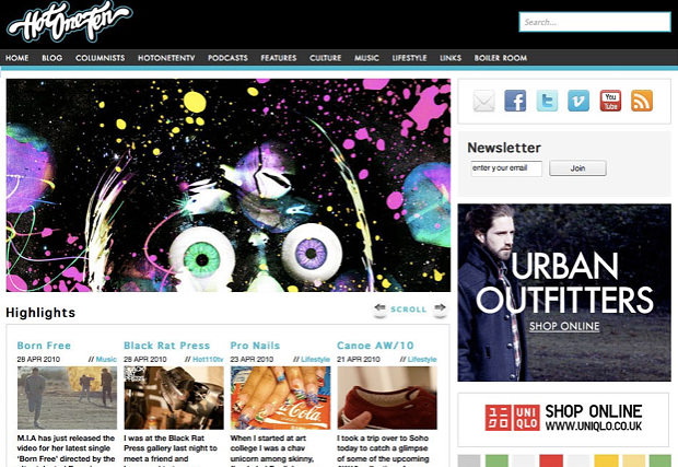 Screenshot of the youth culture website Hot One Ten, which merged fashion, music and art