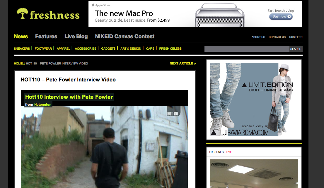 Screenshot of a website called Freshness featuring a video interview with Pete Fowler, an advertisement for Dior Homme jeans, and a live update of indoor ceiling lights.