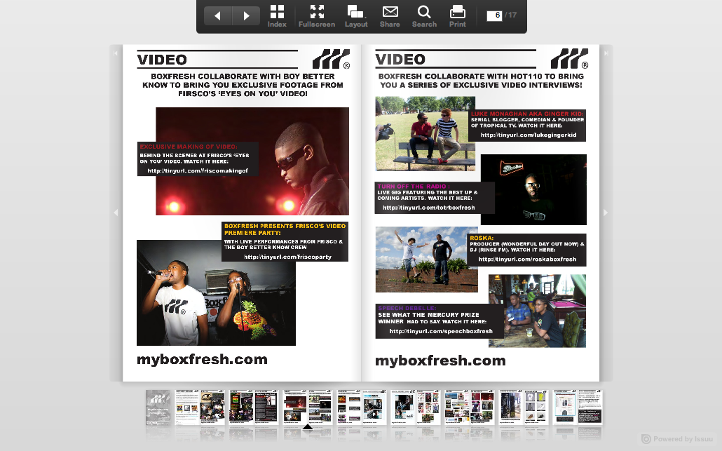 Two-page magazine layout promoting a series of videos and interviews related to boxfresh and other artists, featuring images of people, microphones, and outdoor scenes.