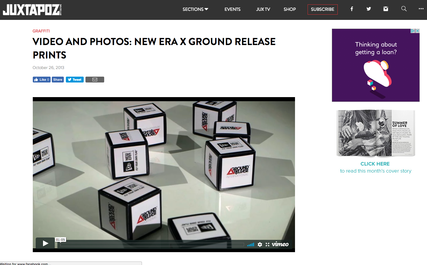 A screenshot of a website featuring an article about a new release of ground prints for video and photos, including a photo of small black and white cubes with logos and text related to the ground release, on a light surface.