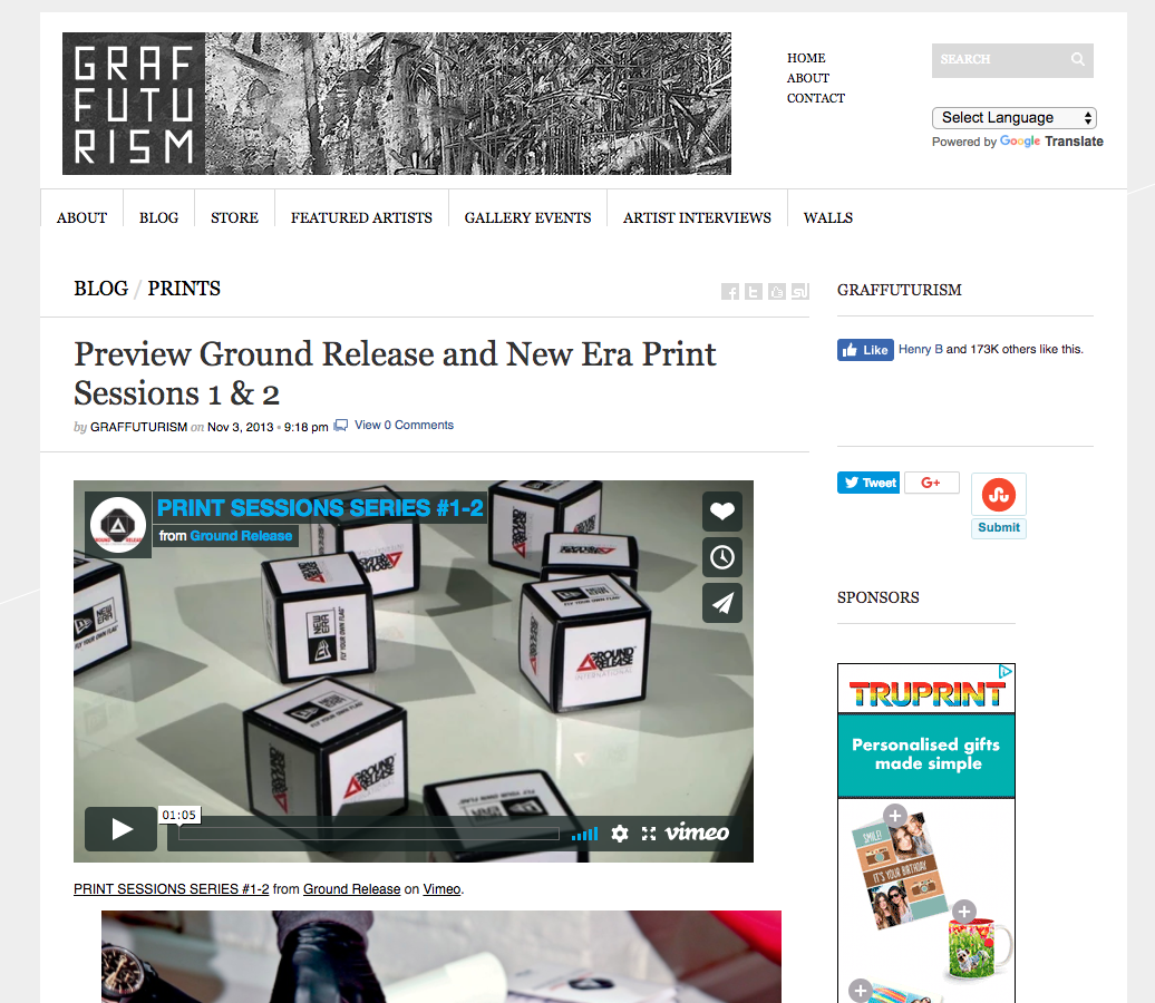 Screenshot of a webpage from Graffuturism with a video thumbnail titled "PRINT SESSIONS SERIES #1-2 from Ground Release" showing small white cubes with black edges and logos, some labeled "Ground Release" and others with various graphic designs.
