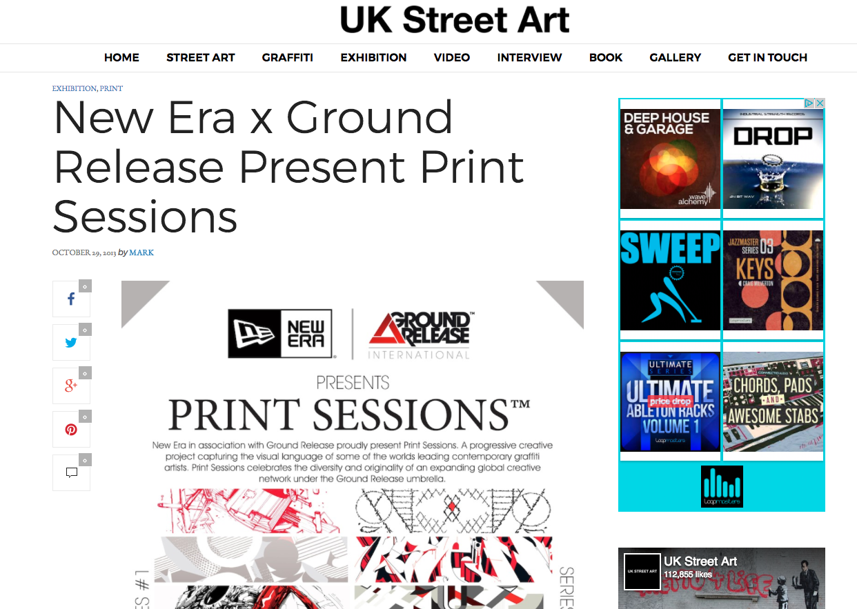 Screenshot of UK Street Art website featuring an article about New Era x Ground Release Print Sessions, with related street art graphics and advertisements on the right side.