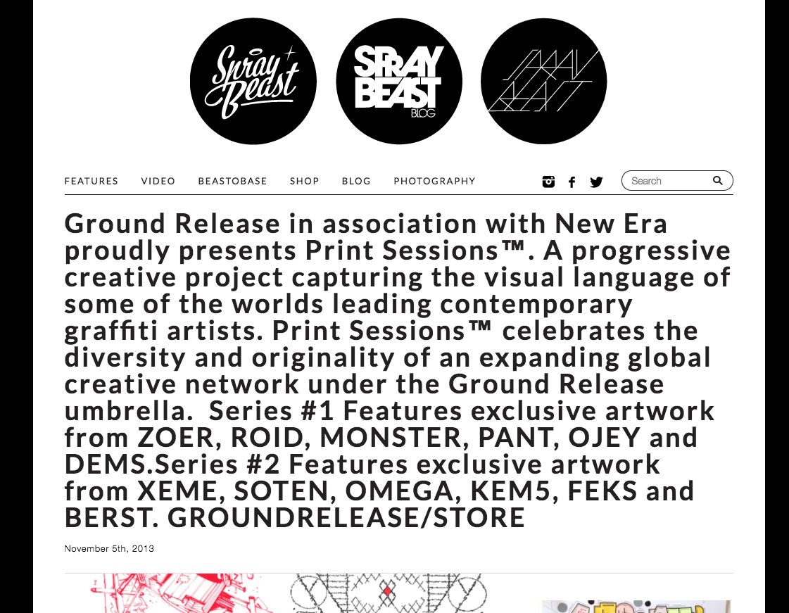 Promotional webpage for Ground Release, featuring logos for Spray Beast, Stray Beast Blog, and another logo, with text about an art project and exclusive artwork from various graffiti artists.