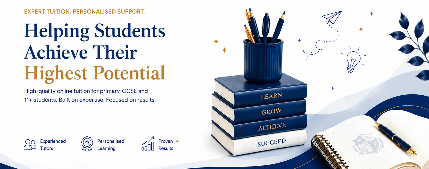 Digital advertisement for online tutoring services featuring a stack of blue books labeled 'Learn,' 'Grow,' 'Achieve,' and 'Succeed,' with a blue pen holder filled with pens on top, alongside an open notebook and a pen, and illustrations of a paper airplane, a lightbulb, and decorative leaves.