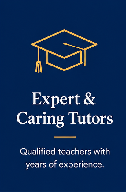 Graphic of a graduation cap above the text "Expert & Caring Tutors" with a tagline "Qualified teachers with years of experience."
