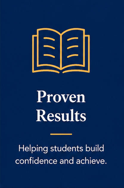 Blue educational flyer with a gold outline of an open book at the top, white text that reads 'Proven Results', and smaller text saying 'Helping students build confidence and achieve.'