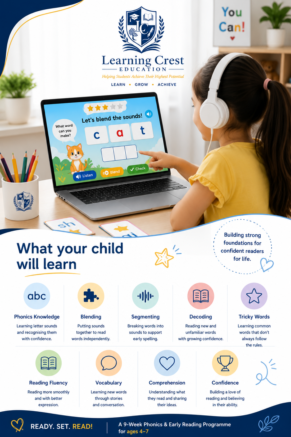 A promotional poster for Learning Crest Education showcasing a young girl using a learning app on a laptop, with educational materials like flashcards, and a list of skills children will develop including phonics, blending, segmenting, decoding, tricky words, reading fluency, vocabulary, comprehension, and confidence, aimed at children aged 4-7.