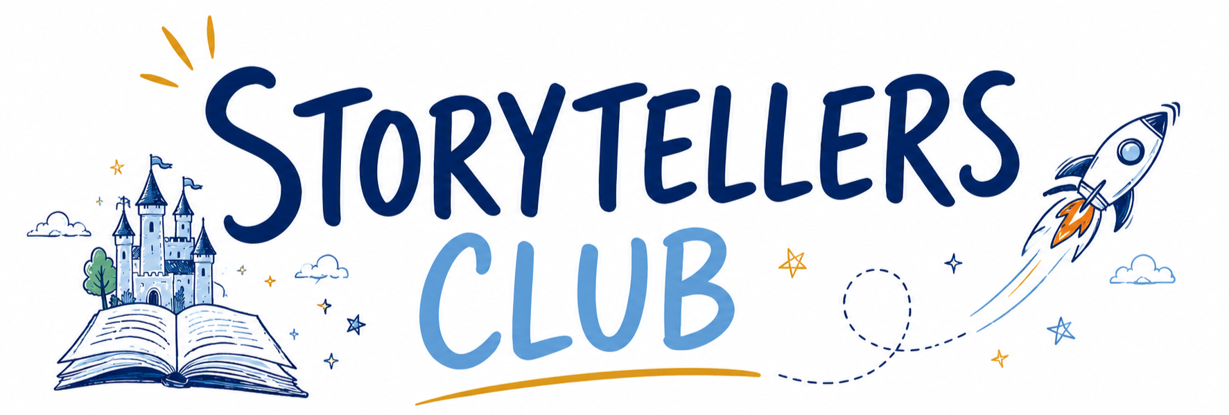 Illustration of a castle and an open book with flying flags, stars, and clouds. A rocket ship is shown blasting off on the right side. The text reads 'Storytellers Club' in stylized font.