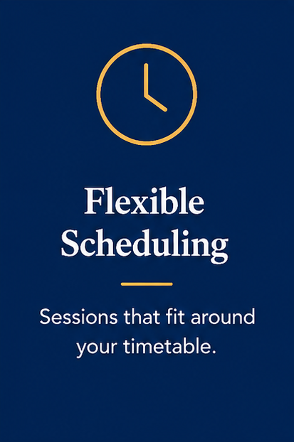 Graphic with a clock icon and text about flexible scheduling that fits around your timetable.