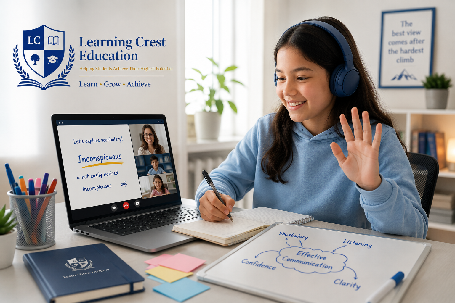 A young girl with long dark hair, wearing blue headphones and a light blue hoodie, participates in an online learning session. She is smiling and waving at her computer screen, which shows a vocabulary lesson on the word 'Inconspicuous'. The desk has a notebook, colorful sticky notes, and a whiteboard with notes on effective communication. A laptop displays a video call with a teacher and classmates. The background includes educational posters and a potted plant.