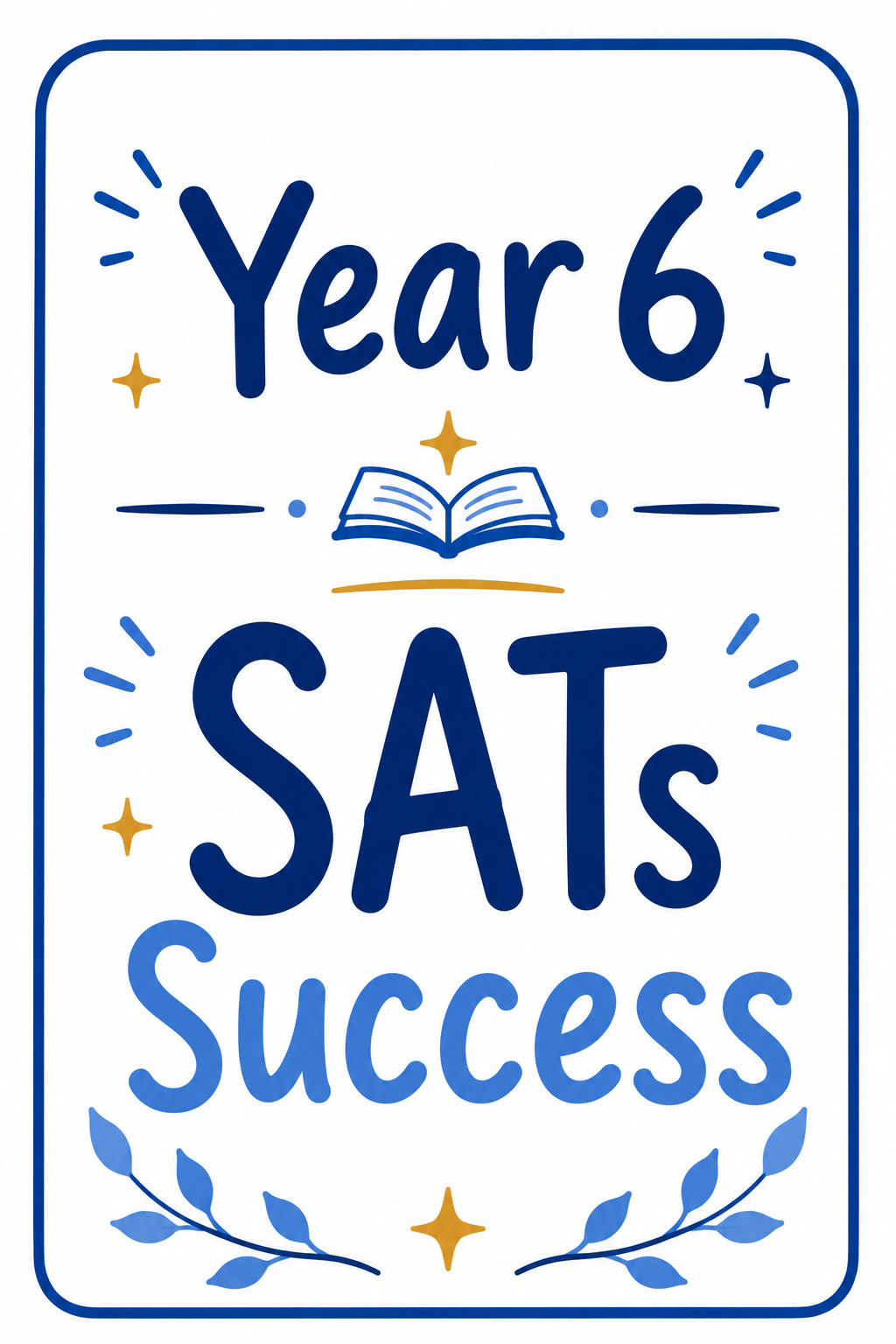 Design celebrating Year 6 SAT success with blue and gold accents, open book, stars, and decorative leaves.