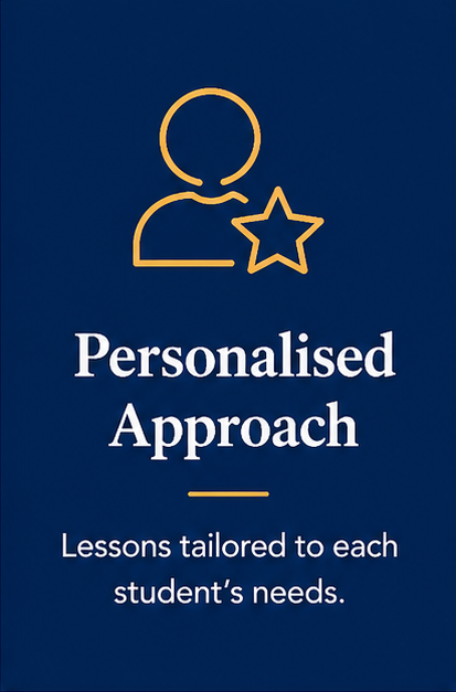 Blue background with a simple outline of a person and star icon at the top. Text reads 'Personalized Approach' and 'Lessons tailored to each student's needs.'