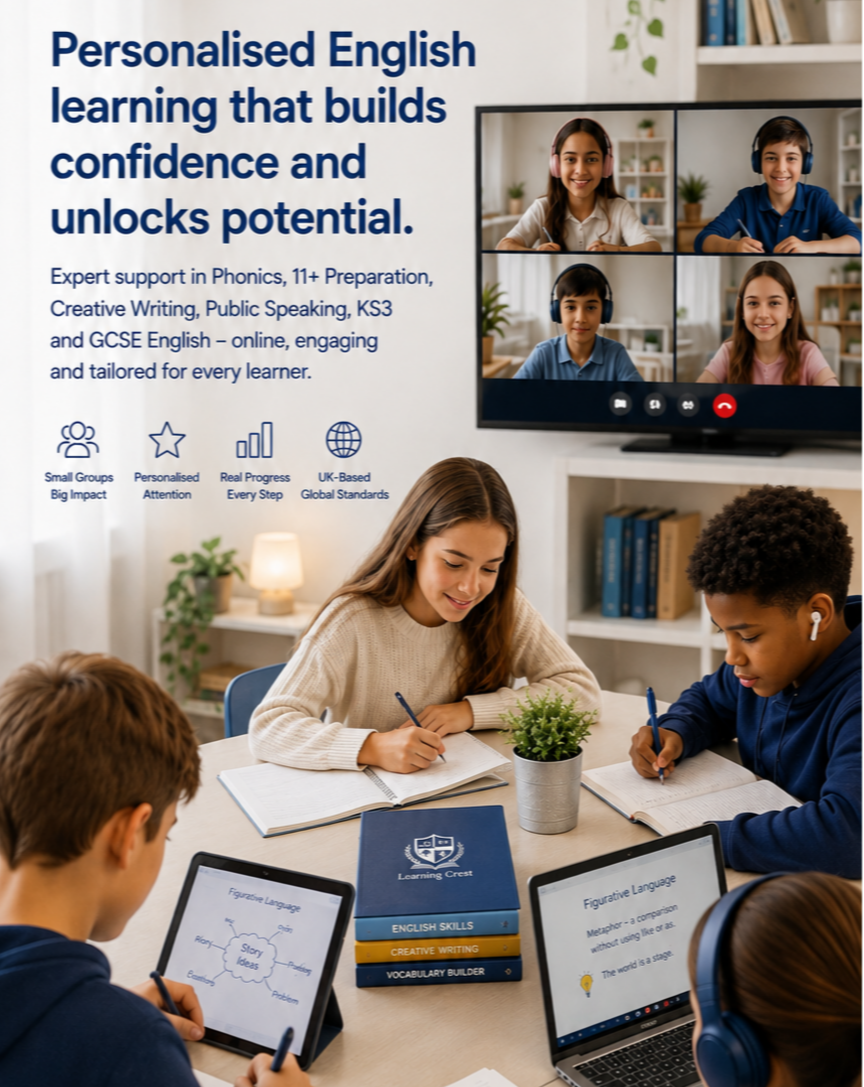 A classroom with students studying English vocabulary and skills using tablets, laptops, and books, with a video call of students on a large screen.