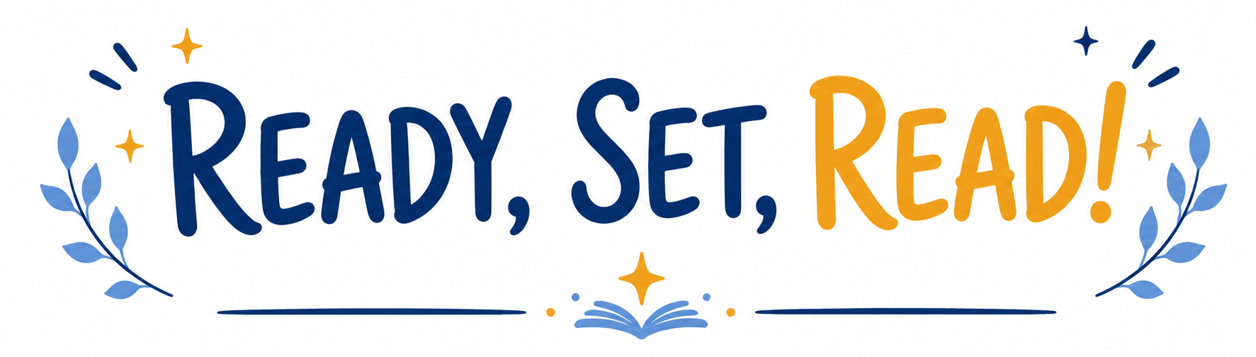 Text reads 'Ready, Set, Read!' with decorative stars, leaves, and an open book illustration.