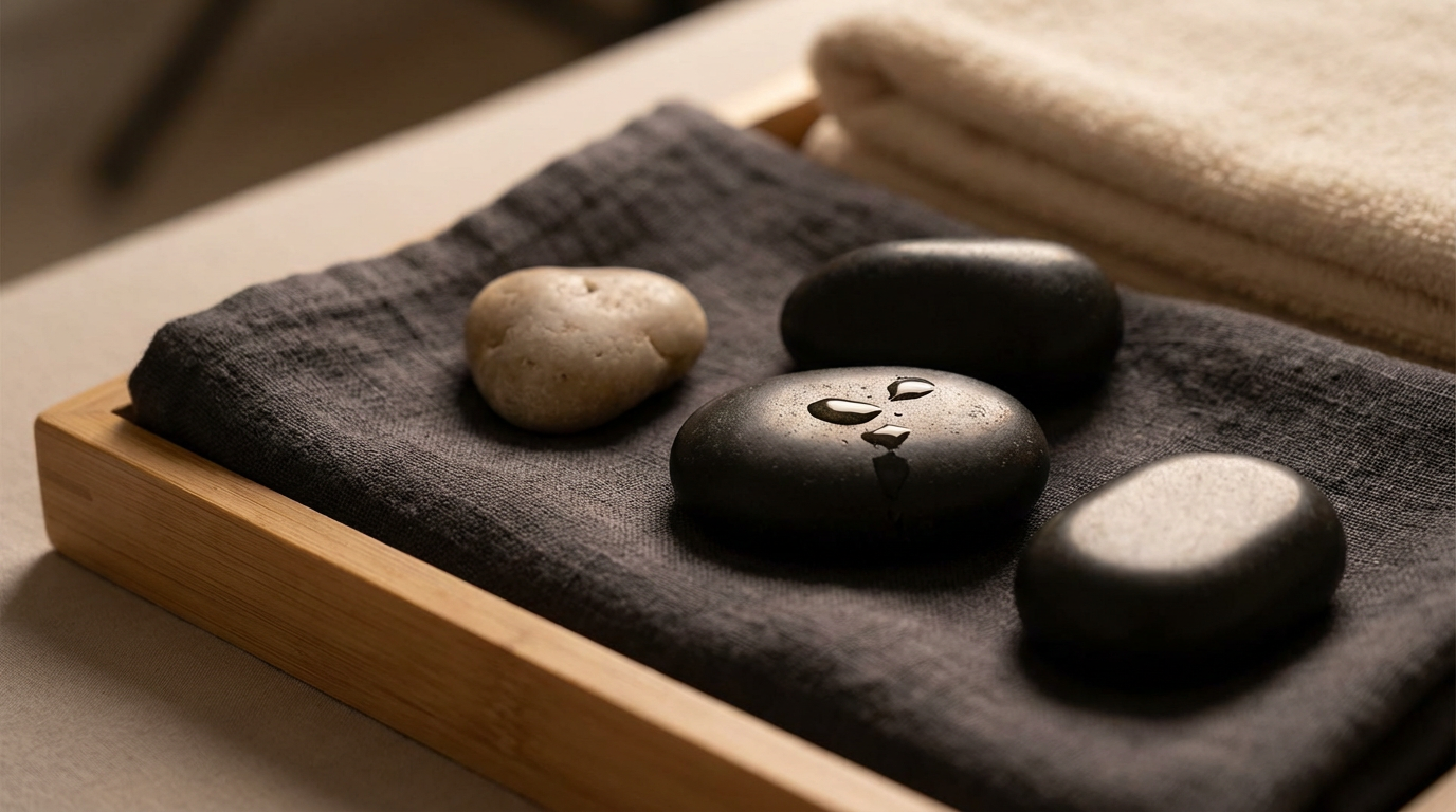 Five smooth stones placed on a black cloth inside a wooden tray, with folded white towels on the side.