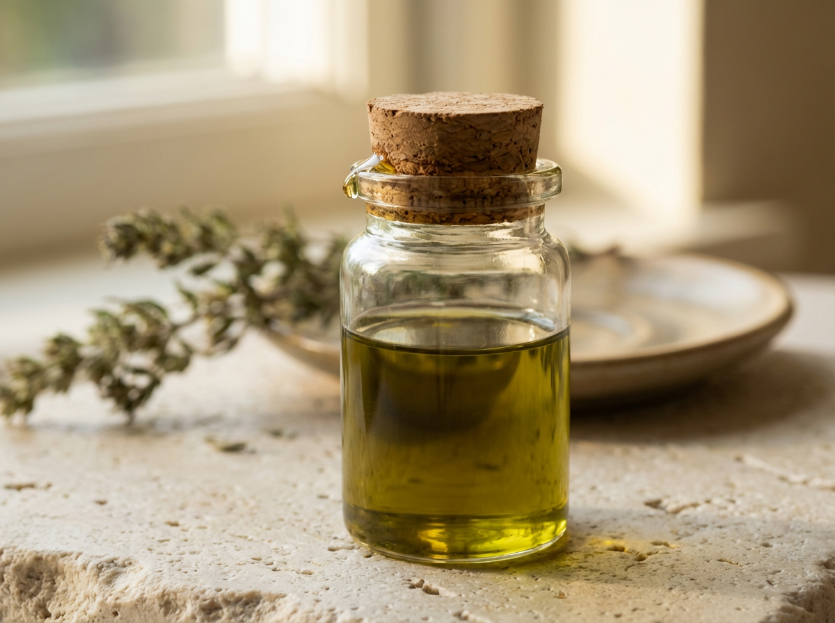 A small glass jar filled with olive oil, sealed with a cork stopper, placed on a textured surface with dried lavender and a plate in the background, near a window.