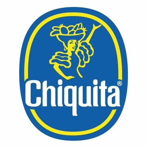 Chiquita logo with blue background and yellow border, featuring a stylized female figure with fruit on her head and the word "Chiquita" in white text.
