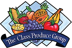 Logo with various fruits and vegetables, featuring corn, strawberry, grapes, pineapple, lemon, banana, tomato, and a blue banner reading 'The Class Produce Group.'