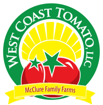 West Coast Tomato LLC logo featuring two red tomatoes with green stems, a yellow sunburst, and the text "McClure Family Farms."