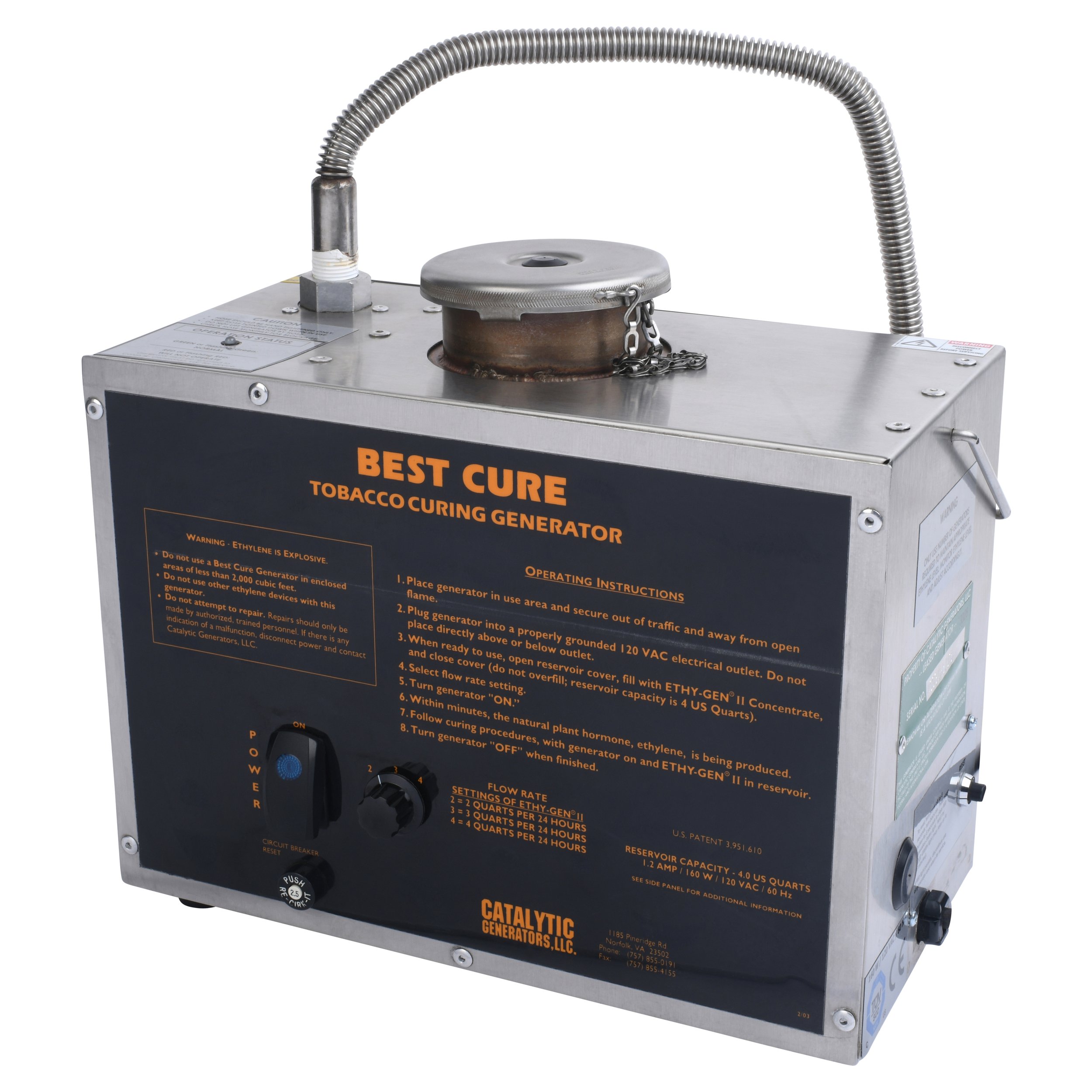 Tobacco curing generator, metallic box with text "Best Cure Tobacco Curing Generator," contains instructions and warnings.