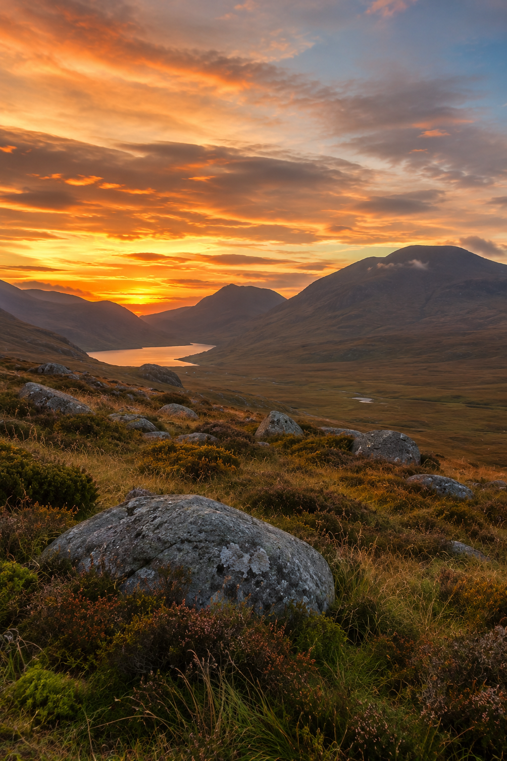 Scenic landscape of a mountainous region at sunset with a river and rocky terrain in the foreground.