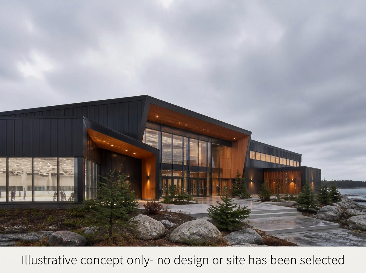 Modern building with black exterior, large glass entrance, and wooden accent panels, surrounded by rocks and small trees under a cloudy sky.