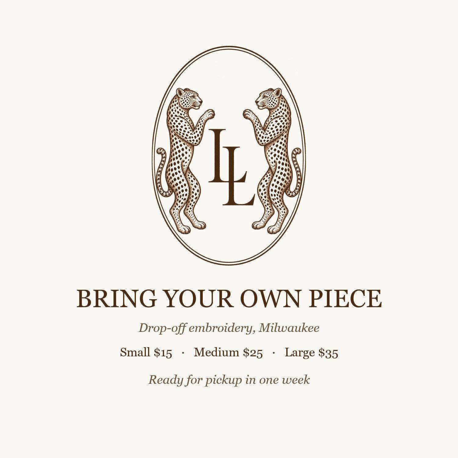 Bring Your Own Piece: drop-off embroidery in Milwaukee by The Linen Letter, small $15, medium $25, large $35, ready in one week