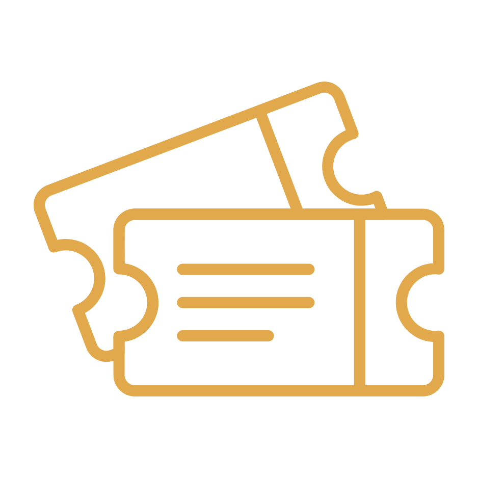 Gold outline of two tickets with a partial barcode and lines representing text, on a black background.