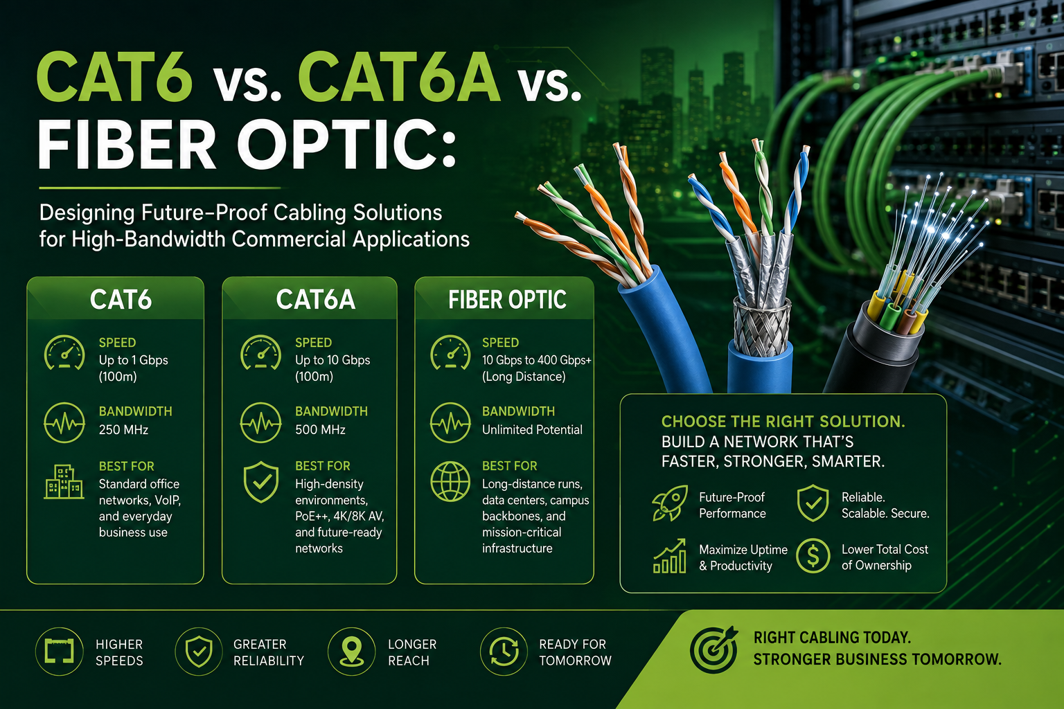Cat6 vs. Cat6A vs. Fiber Optic: Designing Future-Proof Cabling Solutions for High-Bandwidth Commercial Applications
