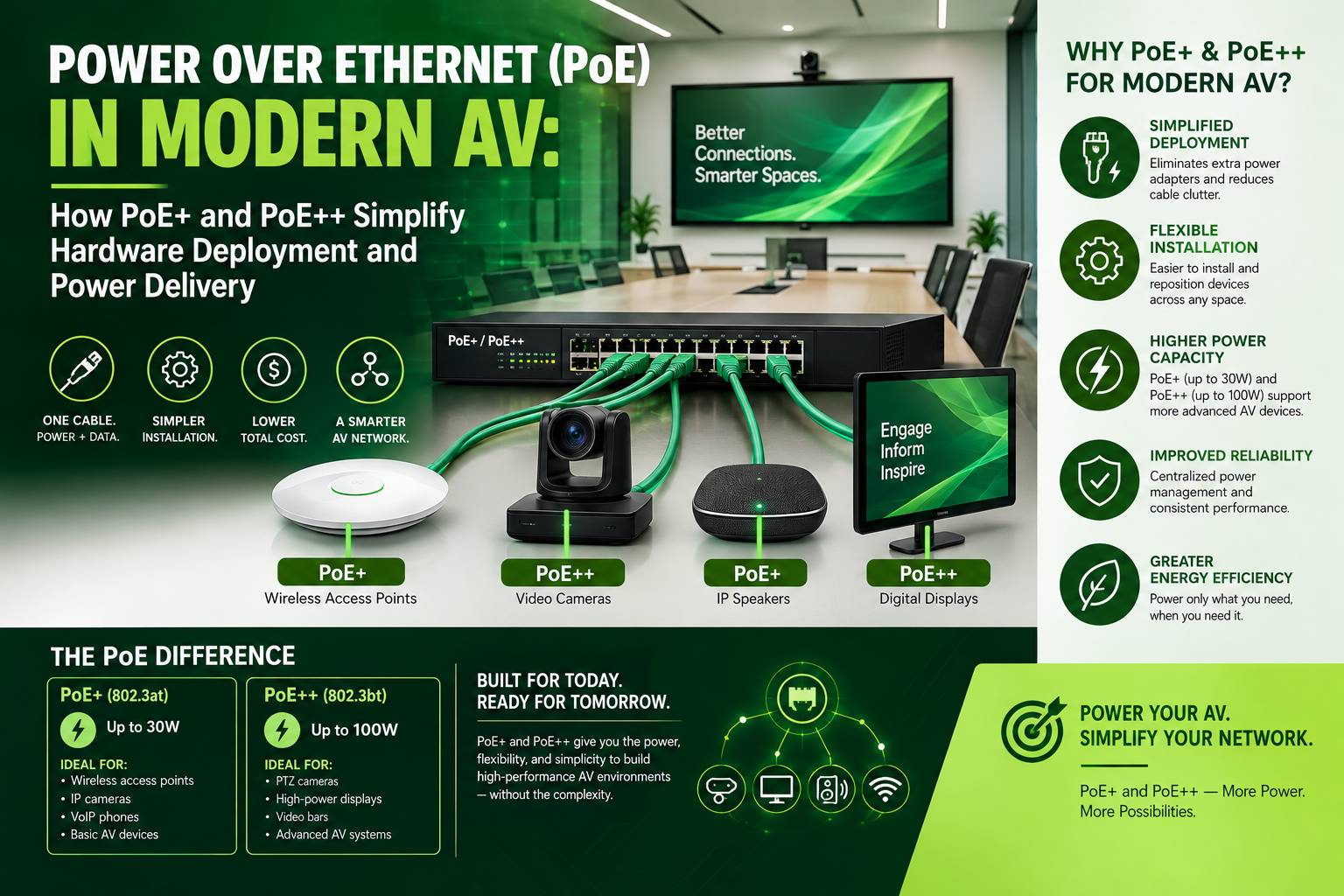 Power over Ethernet (PoE) in Modern AV: How PoE+ and PoE++ Simplify Hardware Deployment and Power Delivery
