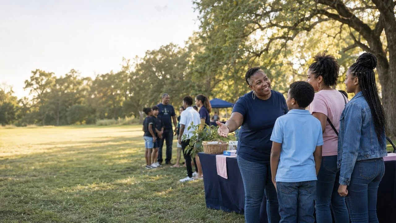 A Legacy Loop Foundation volunteer welcomes a family at an outdoor Louisiana community event.