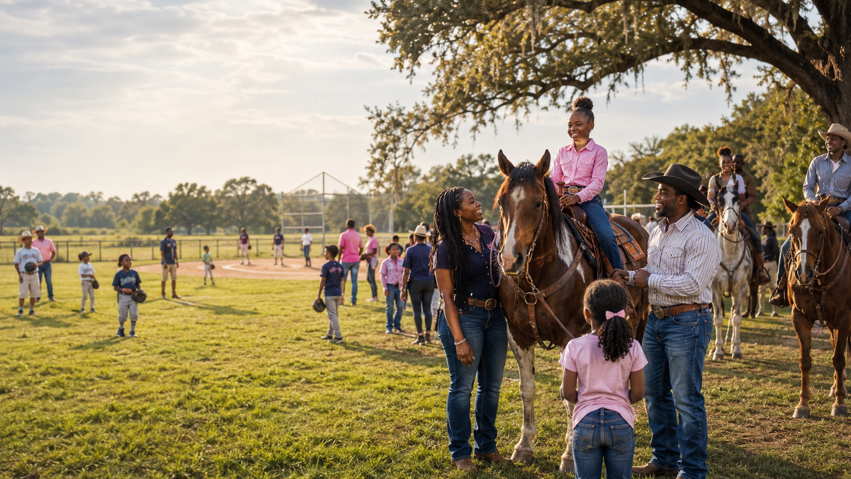 Black Louisiana families, young riders, horses, and children playing baseball at a warm community gathering.