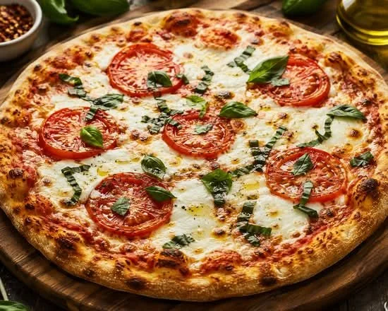 Cheese pizza topped with tomato slices and fresh basil leaves on a wooden pizza board.
