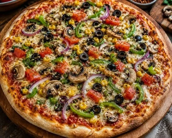 Vegetarian pizza topped with mushrooms, green peppers, red onions, tomatoes, black olives, and corn on a wooden pizza peel.