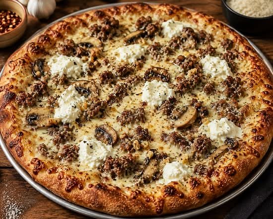 Pizza topped with sausage, mushrooms, and dollops of ricotta cheese.